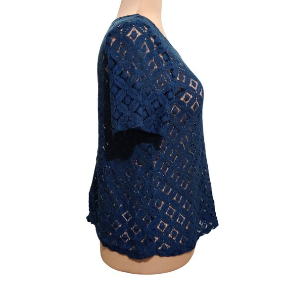 Per Seption Concept XL Navy Blue Lace Crochet Open Back Blouse Sheer Floral Chic - Picture 3 of 6